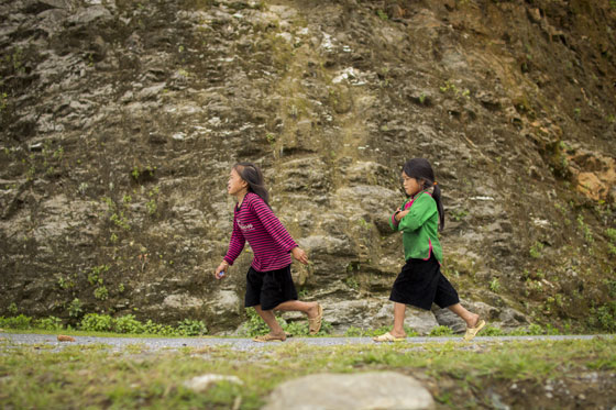 Two h'mong girls run after their herd of goats.
